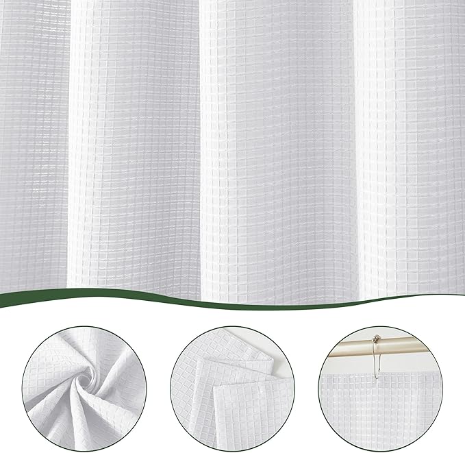 Indecor Home Luxury Waffle Weave Shower Curtain Elegant Hotel Style Fabric for Bathroom, Water Repellent, Machine Washable White Waffle