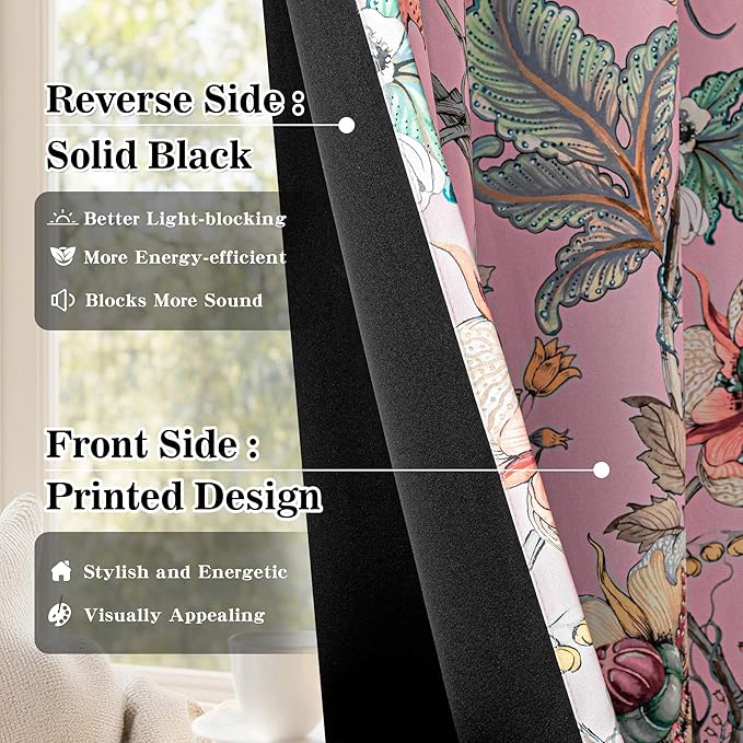 MYSKY HOME Pink Floral Blackout Curtains 84 inches Long for Living Room Bedroom Thermal Insulated Light Blocking Drapes Spring French Country Coquette Flower Window Panels Girls Room, 2 Pcs, 52" Wide