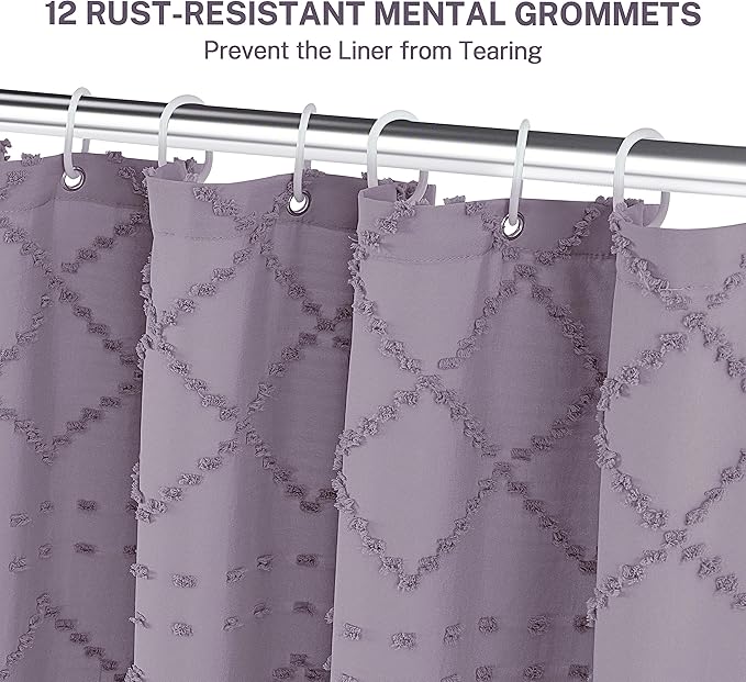 Siiluminisoy Extra Long Purple Boho Shower Curtain Woven Fabric Cute 84 Inch Shower Curtain, 72 x 84 Tufted Chevron Textured Striped Modern Farmhouse Minimalist Cloth Shower Curtain for Bathroom