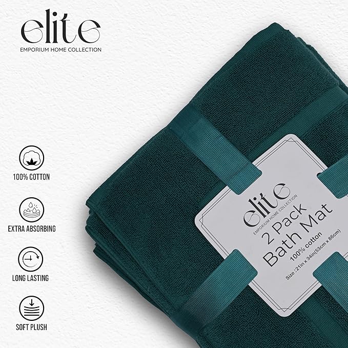 ELITE Emporium Home Collection 2-Piece Cotton Bathroom Mat Set, 21" x 34" - 100% Cotton, Absorbent, Quick-Dry, Bath Towel Mats for Floor, Teal [Not a Bathroom Rug]