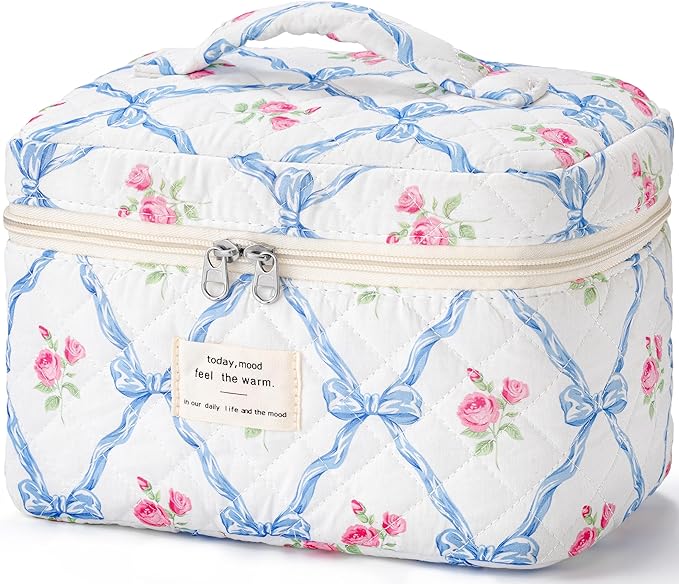 HBselect Christmas Gifts Large Quilted Makeup Bag, Cute Cotton Travel Makeup Bag with Handle, Portable Coquette Floral Make up Bags, Toiletry Organizer Make up Bags for Women Teen Girls Mom