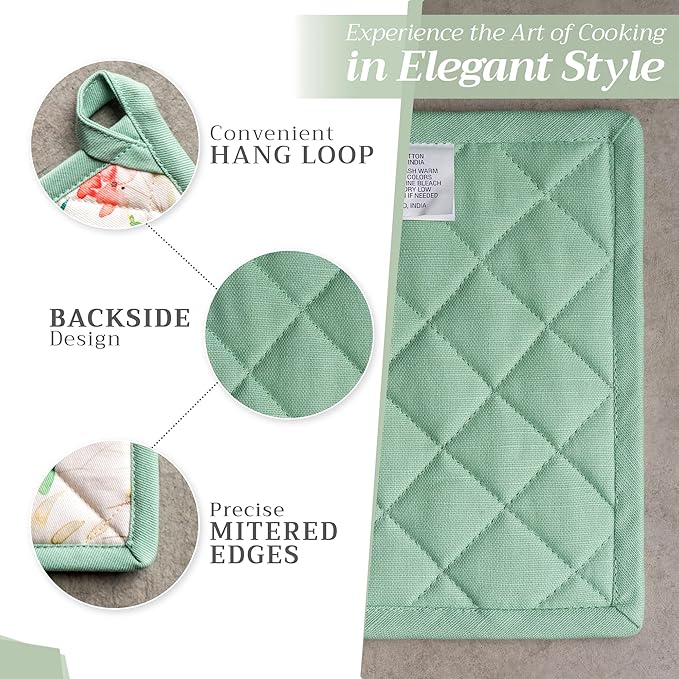 Maison d' Hermine Pot Holders Set 100% Cotton Heat Resistant Potholders 8" x 8" Hot Pads with Loop BBQ, Cooking, Baking, Grilling, Kitchen, Handling Hot Pans Spring/Summer (Pack of 2, Colmar)