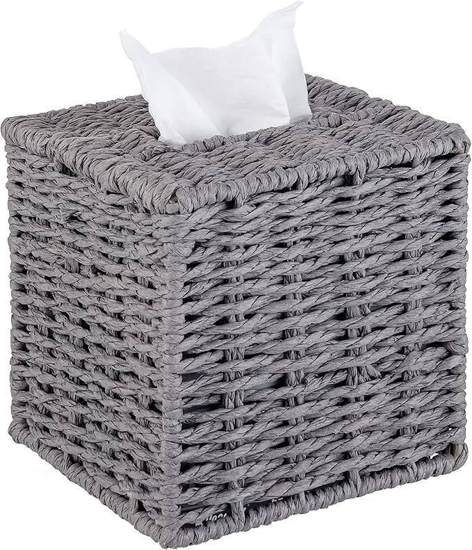 MyGift Gray Tissue Box Cover Square with Lid - Decorative Rattan Kleenex Holder, Woven Cube Tissue Holder for Bathroom Toilet Bedroom Living Room Kitchen Table Desk Office Car