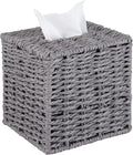 MyGift Gray Tissue Box Cover Square with Lid - Decorative Rattan Kleenex Holder, Woven Cube Tissue Holder for Bathroom Toilet Bedroom Living Room Kitchen Table Desk Office Car