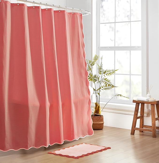 MONDAY MOOSE Scalloped Waffle Weave Shower Curtain with Rustproof Metal Grommet Holes for Bathroom, Machine Washable, Hooks Included (72x72 inch, Light Coral/Coral)