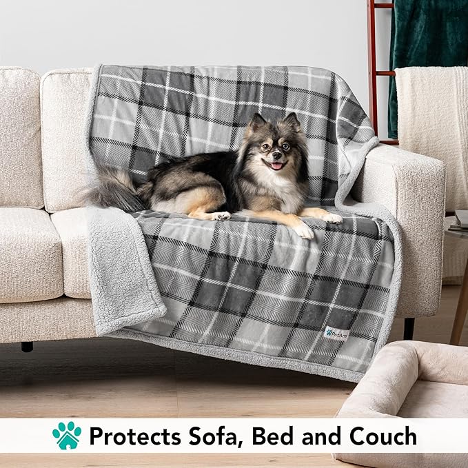 PetAmi Dog Blanket for Medium Large Dogs, Pet Bed Blanket Cat Puppy Kitten, Fleece Furniture Couch Cover Protector Sofa Car, Soft Sherpa Dog Throw Plush Reversible Washable, 40x60 Plaid Light Gray