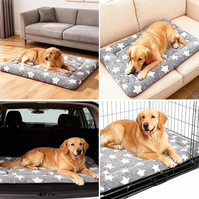 Fogkiss Dog Bed Mat, Reversible Crate Pad & Durable Dog Bed - Machine Washable Kennel Mat with Ultra Soft for Large Dogs (Cool/Warm), 35" x 23", Grey&Star
