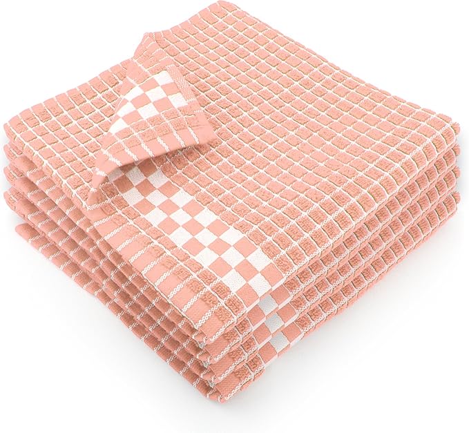 Fecido Classic Dark Kitchen Dish Towels with Hanging Loop - Heavy Duty Absorbent Dish Clothes - European Made 100% Cotton Tea Towels - Set of 4, Pink