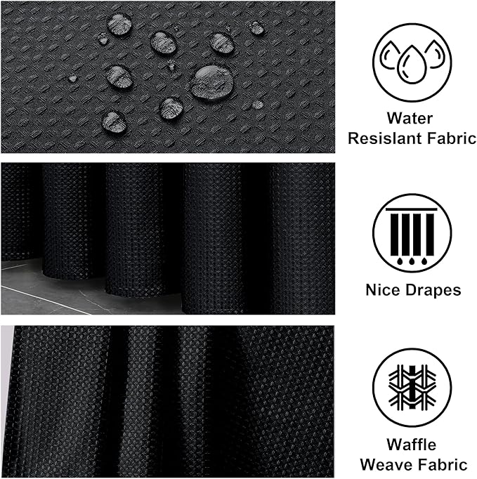 OWENIE Black Shower Curtain 84 Inches Extra Long, Waffle Weave Heavy Fabric Shower Curtain for Bathroom, Waterproof Soft Hotel Spa Luxury Elegant Bath Curtains, Machine Washable, Black, 72x84 Inch