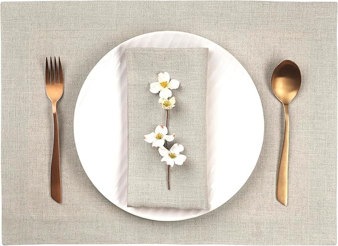 D'Moksha Homes Linen Natural Placemats Set of 8-100% Pure Linen Placemats 14 x 19 Inch for Valentines, Spring, Easter - Handcrafted and Machine Washable