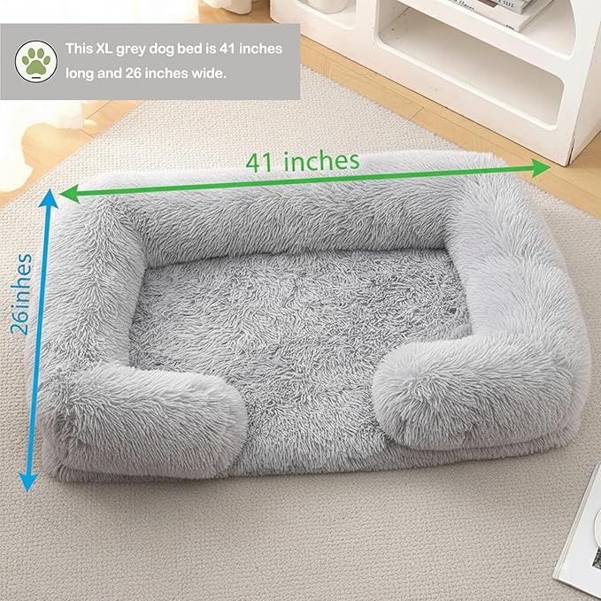 CareCooo Orthopedic Dog Bed for XL Dogs - Washable Memory Foam Pet Sofa, Fluffy Plush Rectangular Bed, Waterproof Anti-Anxiety Couch, Light Gray, XL