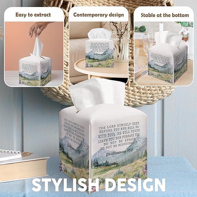 Christian Gifts Square Tissue Box Cover, Inspirational Quote Gift Ideas for Friends, Religious Lord Desk Decor for Bathroom Office, Housewarming New Home Favor-(5.2 Inches)