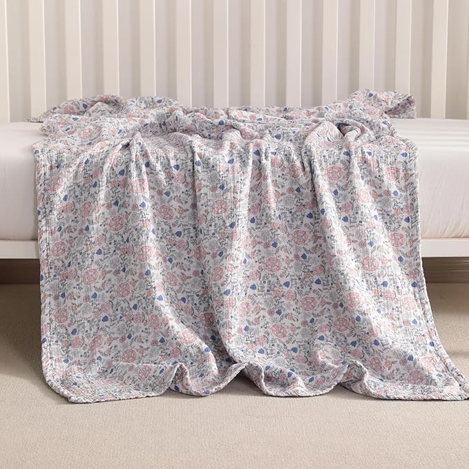 NTBAY 2 Layer Muslin Cotton Baby Swaddle Blanket, 42x60 Soft and Breathable Receiving for Newborns and Infants, Perfect for Crib, Stroller, Travel, Lightweight Nursery Blanket, Vintage Floral