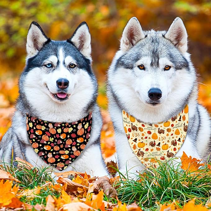 Fall Thanksgiving Dog Bandana Reversible 2 Pack Large, Pumpkin Turkey Leaves Fox Cute Thanksgiving Pet Bandanas for Dogs Adjustable Triangle Holiday Scarves for Medium Large Extra Large Boy Girl Dogs