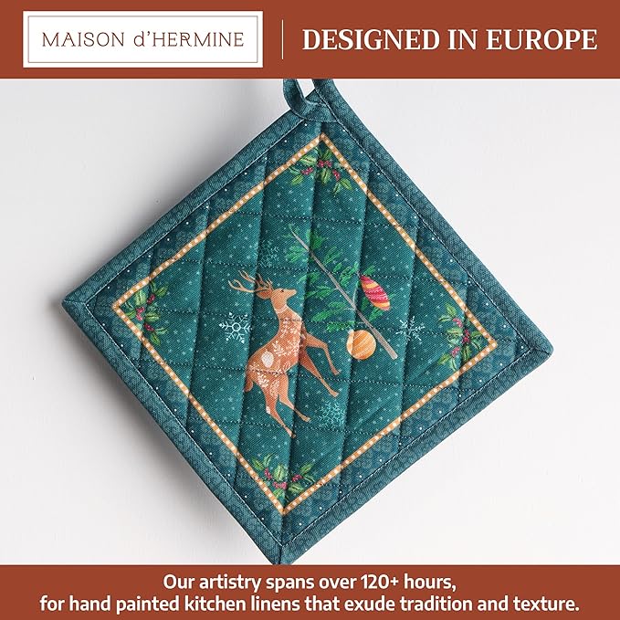 Maison d' Hermine Pot Holders 100% Cotton Heat Resistant Potholders 8" x 8" Hot Pads with Loop for Thanksgiving Christmas Decorations BBQ Cooking Baking Handling Hot Pans (Pack of 1, Hygge Christmas)