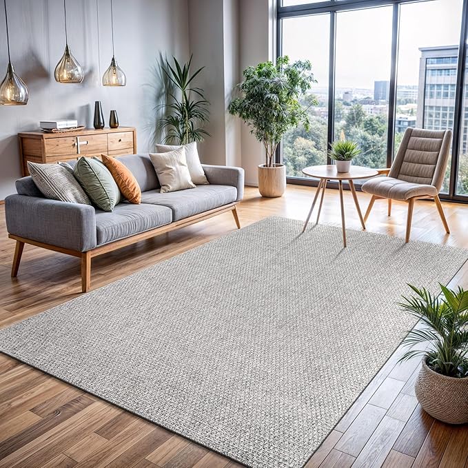 CAMILSON Easy Jute Rug 5x7 Indoor Outdoor Gray Farmhouse Area Rugs for Living Room and Kitchen Rug, Solid Boho Woven Design Easy-Cleaning Washable Outside Carpet Alfombras (5 x 7)