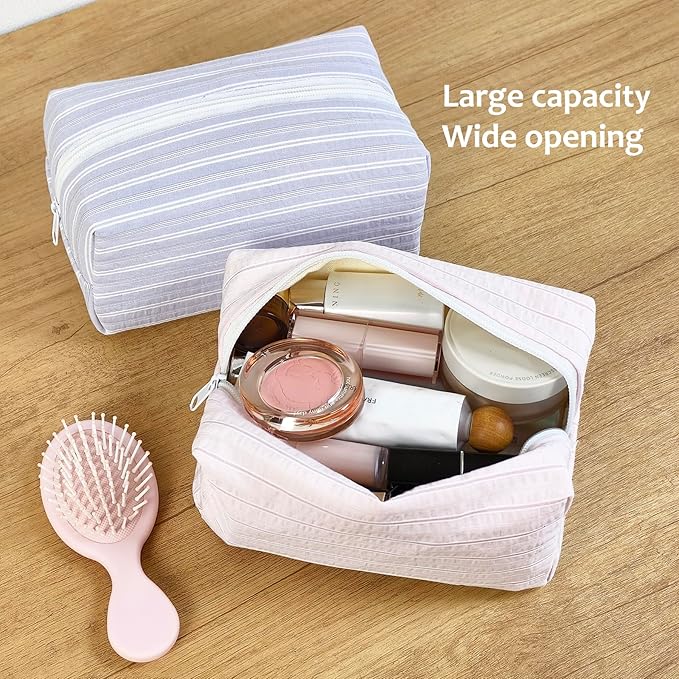 STARDW Striped Cotton Makeup Bag, Cute Cosmetic Pouch with Canvas Lining & Zipper, Travel Toiletry Bag