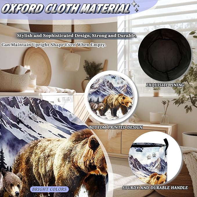Bear Laundry Hamper Oxford Cloth Funny Bears Paw Forest Animal Laundry Basket With Handle Portable Clothes Storage Basket Foldable Laundry Bag 18.9"x16.5" For Laundry Room/Bedroom/Bathrooms