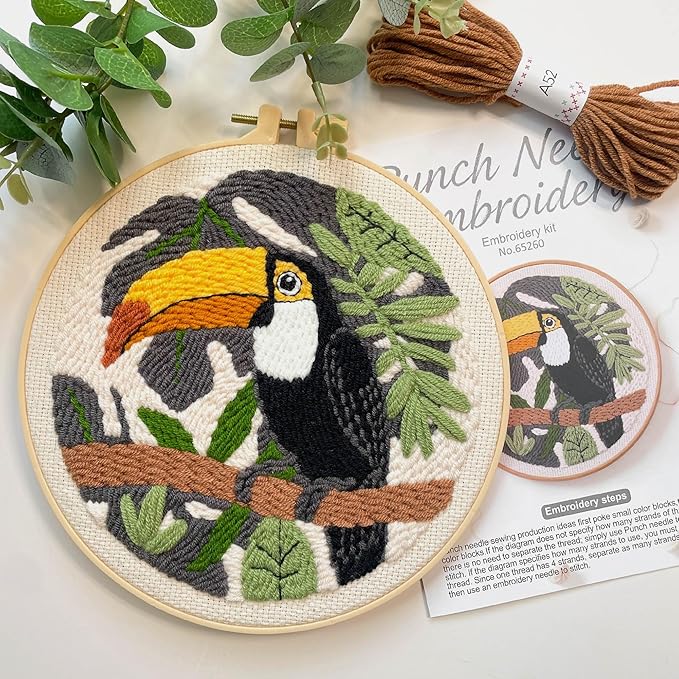 Myfelicity Punch Needle Embroidery Kit, Beginner Craft Set with Animal Pattern Design, 7.9 Inch Hoop (Toucan)