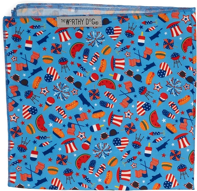 THE WORTHY DOG Classic Tie-Ay Dog Bandana – Soft Cotton Flannel Square Pet Bandana, Independence Day Pattern, Blue, Small