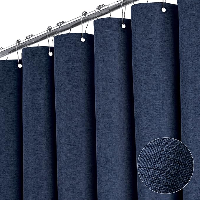BTTN Blue Extra Long Shower Curtain, 72x96 Inch Long Linen Textured Heavy Duty Fabric Shower Curtain Set with 12 Hooks, Tall Decorative Neutral Waterproof Cloth Shower Curtain for Bathroom, Navy Blue