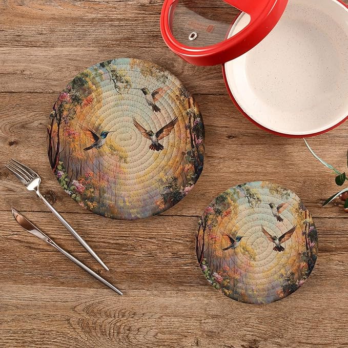 Forest Flowers and Hummingbird Trivets for Hot Dishes Pots and Pans Potholders Woven Trivet Cotton Round Large Pot Holder Decor Heat Resistant Hot Pads Mat for Table Counter Cooking Potholder S