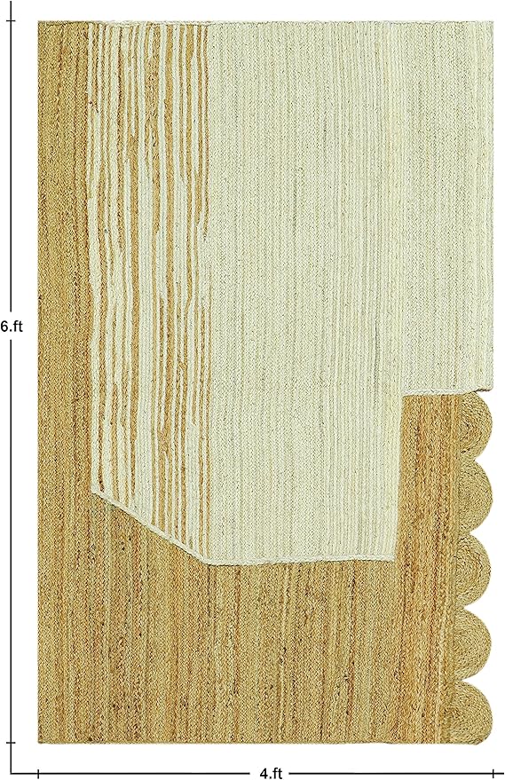 Scalloped Edge Rug, Hand Woven Natural Jute Area Rug, 4x8 Ft Beige & Brown Braided Sisal Kilim Rugs for Living Room, Kitchen, Entryway, Farmhouse