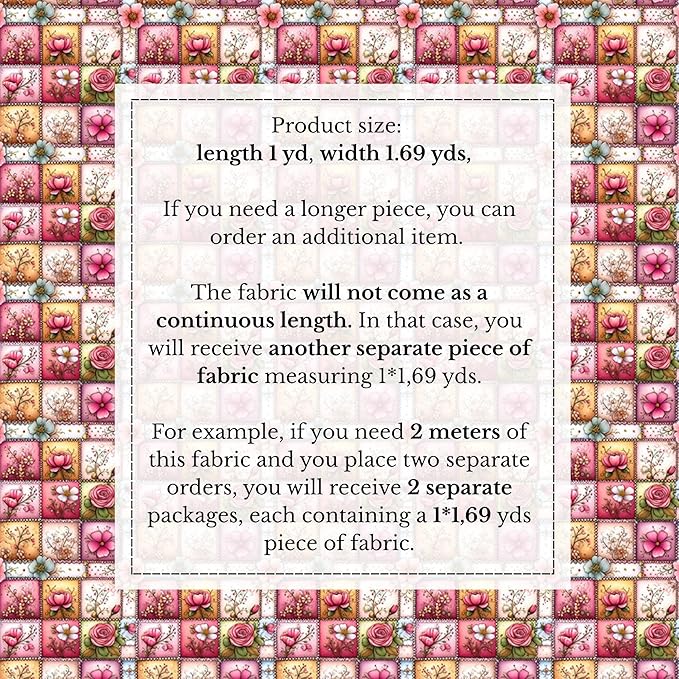 Soft Rose Garden Patchwork Cotton Fabric Panel 61 x 36.6 Inches, Floral Vintage Quilt Pattern, Pink Pastel Tones, 100% Cotton 140 GSM