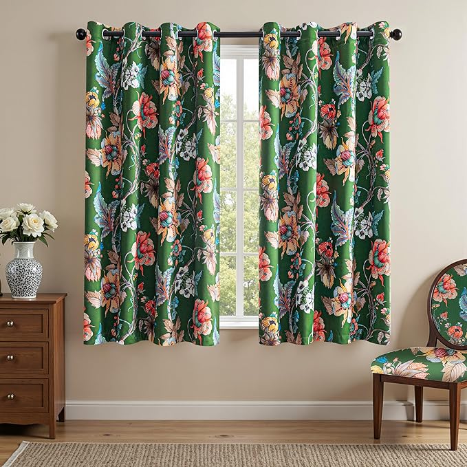 MYSKY HOME Floral Blackout Curtains 63 Inch Long Bedroom Black Out Thermal Insulated Room Darkening Curtain Printed Flower Vintage Style Grommet Window Treatments Living Room Kitchen, Pack-2, Green