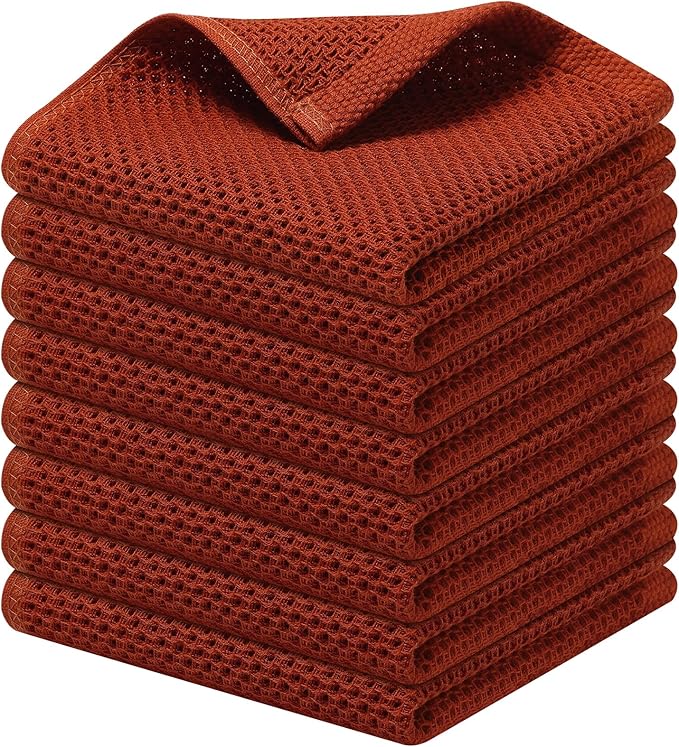 Kitinjoy 100% Cotton Kitchen Dish Cloths, 8 Pack Waffle Weave Ultra Soft Absorbent Dish Towels for Drying Dishes Quick Drying Kitchen Towels Dish Rags, 12 X 12 Inches, Rust