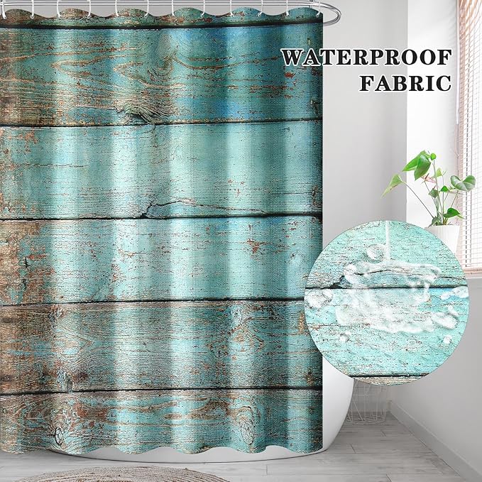 Culudea Turquoise Wooden Shower Curtain Set, Teal Green Blue Bathroom Window Waterproof Shower Curtain Set for Bathroom Decor