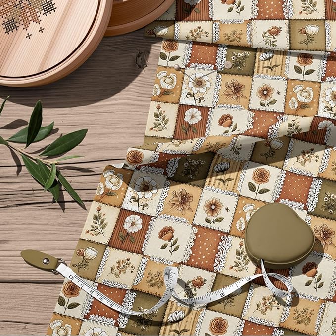 Autumn Lace Blossom Patchwork Cotton Fabric – Warm Beige & Brown Floral Patchwork Print Cotton 140 GSM, Panel 61 x 36.6 Inches, Pre-Cut Sewing Fabric Panel for Quilting, Crafts & Home Decor(USA Size)