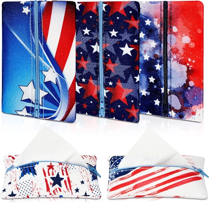 5 Pieces Tissues Purse Pocket Tissue Holder Reusable Travel Tissue Pouch Fabric Zipper Enclosed Small Size US Flag Pattern Tissue Holder for Purse Coins for 4th of July, 5.25 x 3 Inches (Star Style)