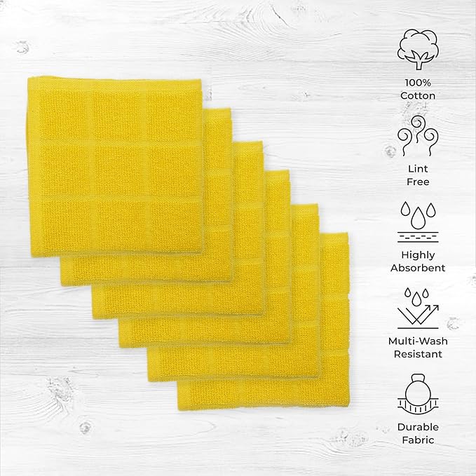 Mellow Buff 100% Cotton Terry Dish Cloth & Dish Towel, 6 Pack, Super Soft and Absorbent Kitchen Towels, Perfect for Kitchen Cleaning and Dish Washing (Yellow 6 Pack)