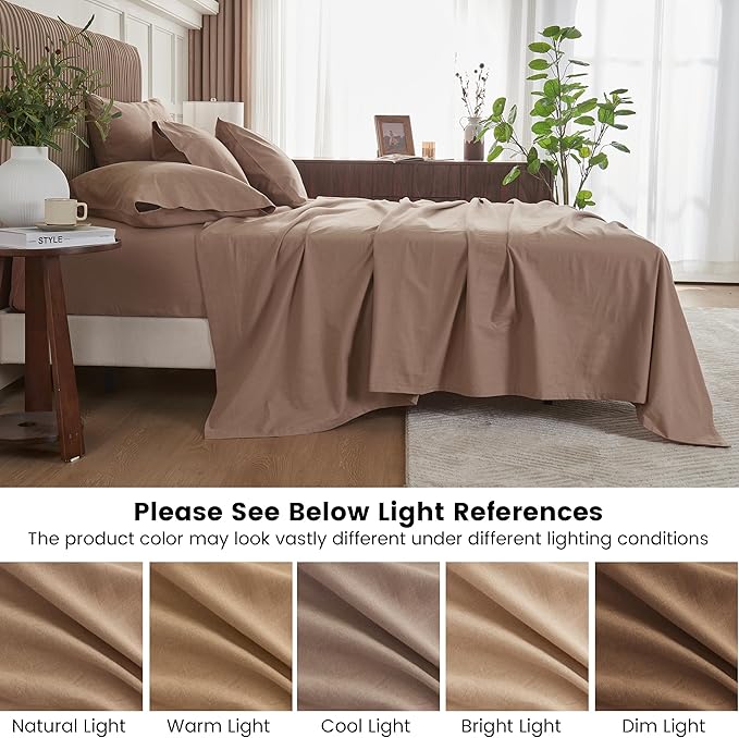 Simple&Opulence Belgian Linen Sheet Set Solid Color - 6 Pieces (1 Flat Sheet & 1 Fitted Sheet & 4 Pillowcases) 16" Deep Pocket Natural Flax Cotton Blended Soft Bedding - Clay, King Size