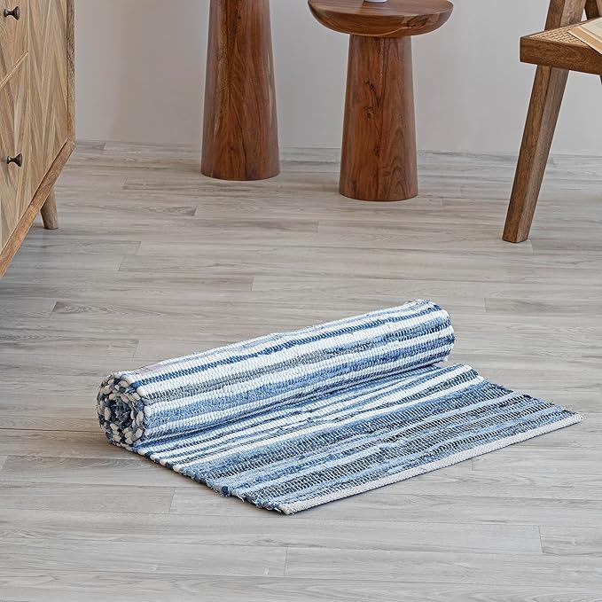 HOMEMONDE Denim Rag Runner Rug 2' x 8' Recycled Soft Cotton Chindi Rugs Hand Crafted Reversible Boho Home Decor for Kitchen, Entyrway, Bedroom, Living Room - Blue