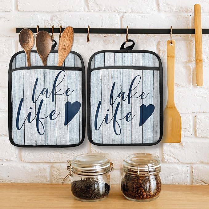 Lake Life Gifts Pot Holders with Pockets, Lake Life House Gifts for Women Oven Pot Holders Heat Resistant Oven Mitts Hot Pads for Kitchen Baking Cooking (Blue)