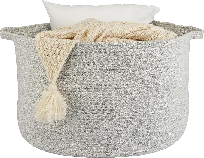 XUANGUO Large Cotton Rope Basket – 22"x14" Woven Storage Baskets for Blankets, Toys, Laundry, and Nursery – Round Basket for Living Room, Kids, and Pets Grey