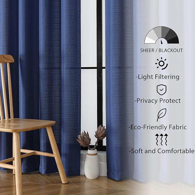 Lecloud Bessie Blue Curtains 63 Inch Length 2 Panels, Elegant Light Filtering & Privacy Drapes with Dual Rod Pocket, Breathable Faux Linen Textured Curtains for Bedroom Living Room, Each 40 W x 63 L