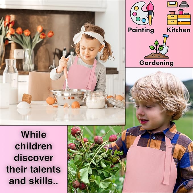 Kids Aprons for Cooking Waterdrop Resistant Aprons for Girl & Boy Toddler Apron for Painting, Gardening, Baking, Smock (Powder Pink, Medium (6-10 years)