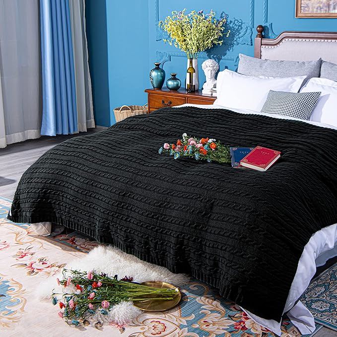 NTBAY 100% Pure Cotton Oversize (60x80) Cable Knit Throw Blanket, Super Soft Warm Knitted Throw Blanket for Bed, Sofa, Chair, Couch - Extra Cozy, Machine Washable, Comfortable Home Decor, Black