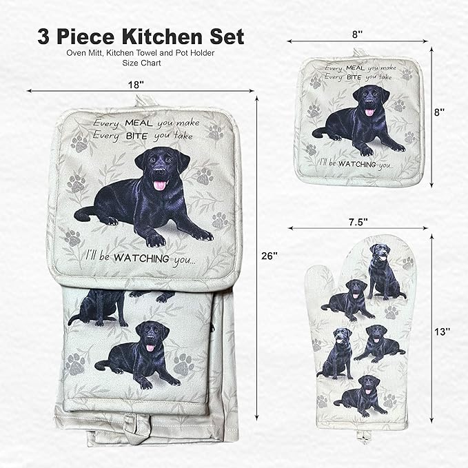 Black Labrador 3-Piece Kitchen Set - Oven Mitt, Pot Holder & Kitchen Towel Set, Heat Resistant up to 420 F, Soft Quilted Cotton for Cooking, Baking, BBQ, Pet Lover Gifts (Labrador Black)