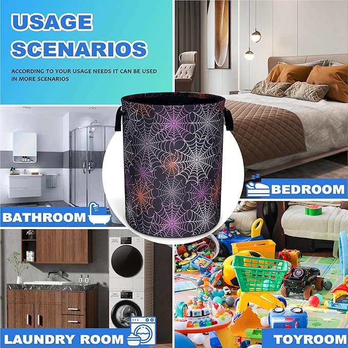 Spider Web Laundry Basket Gothic Print Oxford Cloth Laundry Hamper With Handle Foldable Portable Clothes Storage Basket 18.9 X 16.5 In Storage Bag For Laundry Room/Bathroom/Bedroom/Dormitories