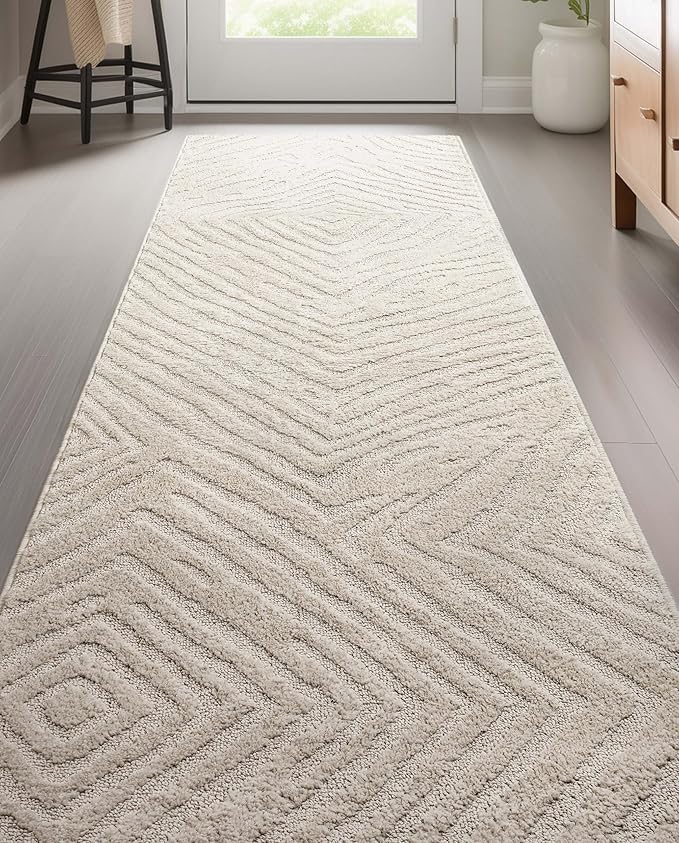 Well Woven Custom Size Hallway Stair Runner - Choose Your Length - 27 Inches Wide x 70 Feet Long Runner (27" x 70' Runner) Rug - Ivory Relajo Soft Touch, Modern Geometric - Hi-Lo Pile
