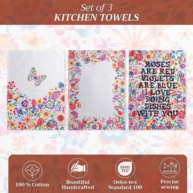 Maison d' Hermine Kitchen Towels Set of 3 100% Cotton 27.50" x 20" Reusable Cloth Tea Dish Towels Absorbent with Hanging Loop for Kitchen, Cocktail Parties Spring/Summer (Happy Florals - High Summer)