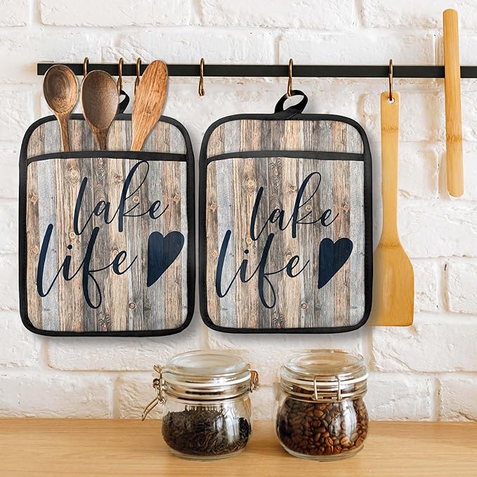 Lake Life Gifts Pot Holders with Pockets, Lake Life House Gifts for Cabin Owners Women Oven Pot Holders Heat Resistant Oven Mitts Hot Pads for Kitchen Baking Cooking