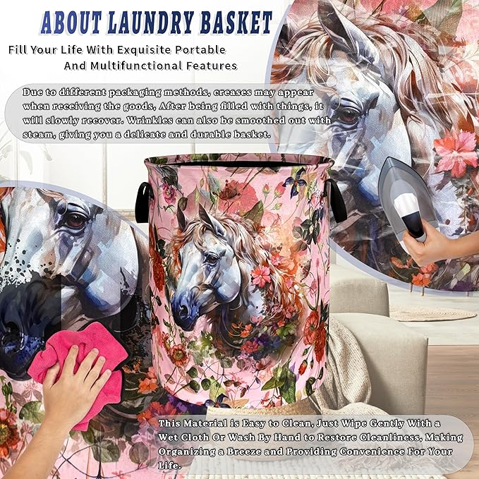 White Horse Flowers Laundry Hamper Oxford Cloth Animals Funny Laundry Basket With Handle Portable Clothes Storage Basket Foldable Laundry Bag 18.9"x16.5"For Laundry Room/Bedroom/Bathrooms