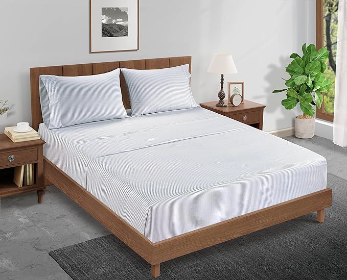 LANE LINEN Full Fitted Sheet, 100% Organic Cotton, 3-Piece Set (1 Fitted Sheet,2 Pillowcases), Percale Weave, Full Bed Bottom Sheet, Soft, Fits Mattress Upto 15" Deep -Ticking Stripe(No Flat Sheet)