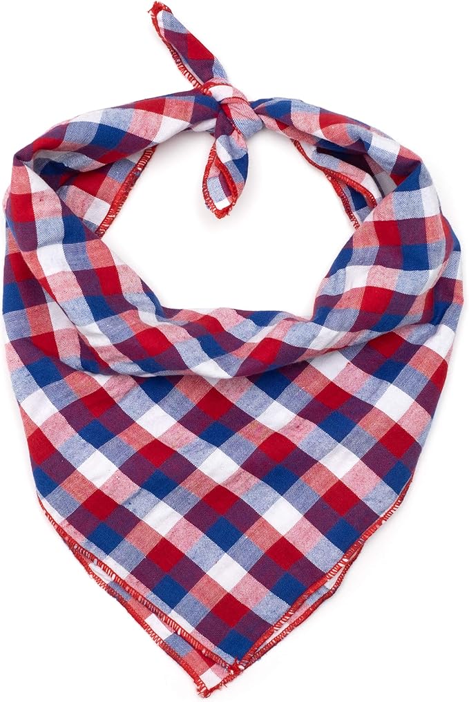 THE WORTHY DOG Classic Tie-On Dog Bandana – Soft Cotton Flannel Square Pet Bandana, Check Pattern, Red/White/Blue, Small