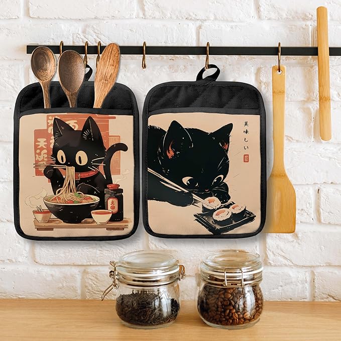 Japanese Sushi Ramen Black Cat Pot Holders with Pockets, Cat Kitchen Decor, Vintage Japanese Kitten Oven Pot Holders Heat Resistant Oven Mitts Hot Pads for Kitchen Baking Cooking, Set of 2